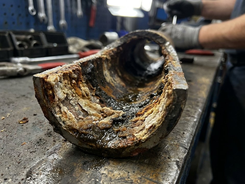 Industrial pipe cross-section showing scale and fouling deposits on metal surfaces